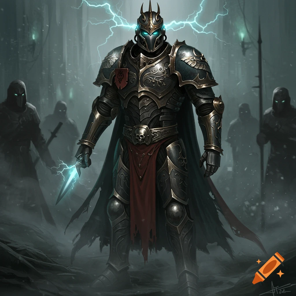 A knight in ornate, dark armor with glowing blue eyes and lightning around its head, holding a glowing dagger. Shadowy figures stand in a misty background.