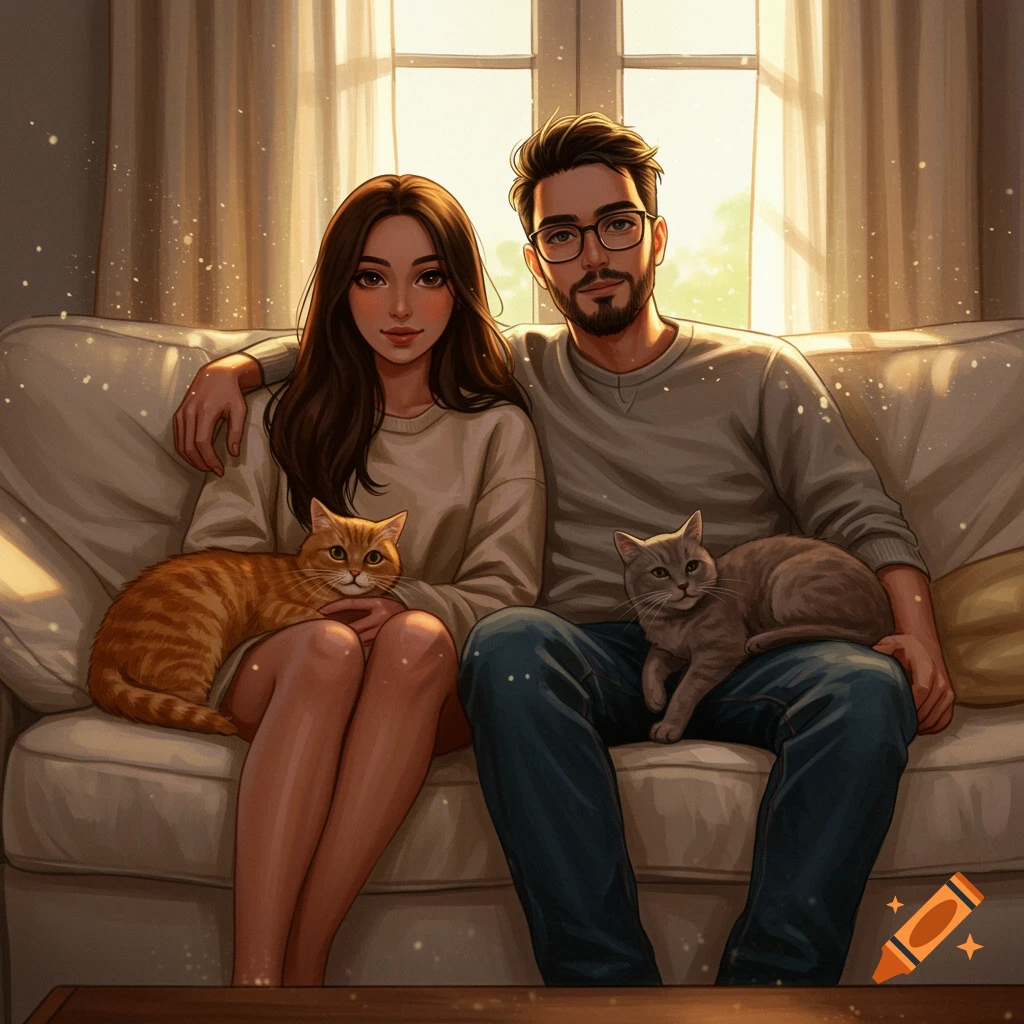 An illustrated couple sits on a couch with their ginger and grey cats, sunlight streaming from a window.