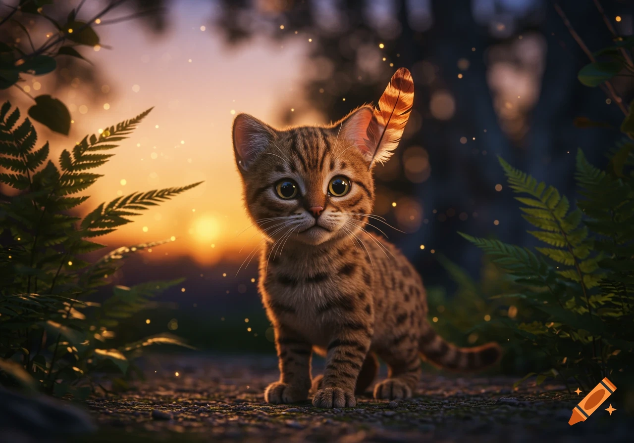 A cute, spotted kitten with large eyes and a feather behind its ear, standing on a path at dusk amidst glowing light and foliage.