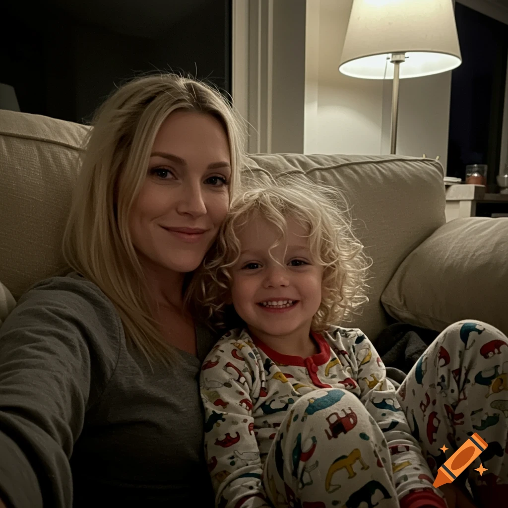 A smiling blonde woman and a young child with curly blonde hair sit on a couch at night.