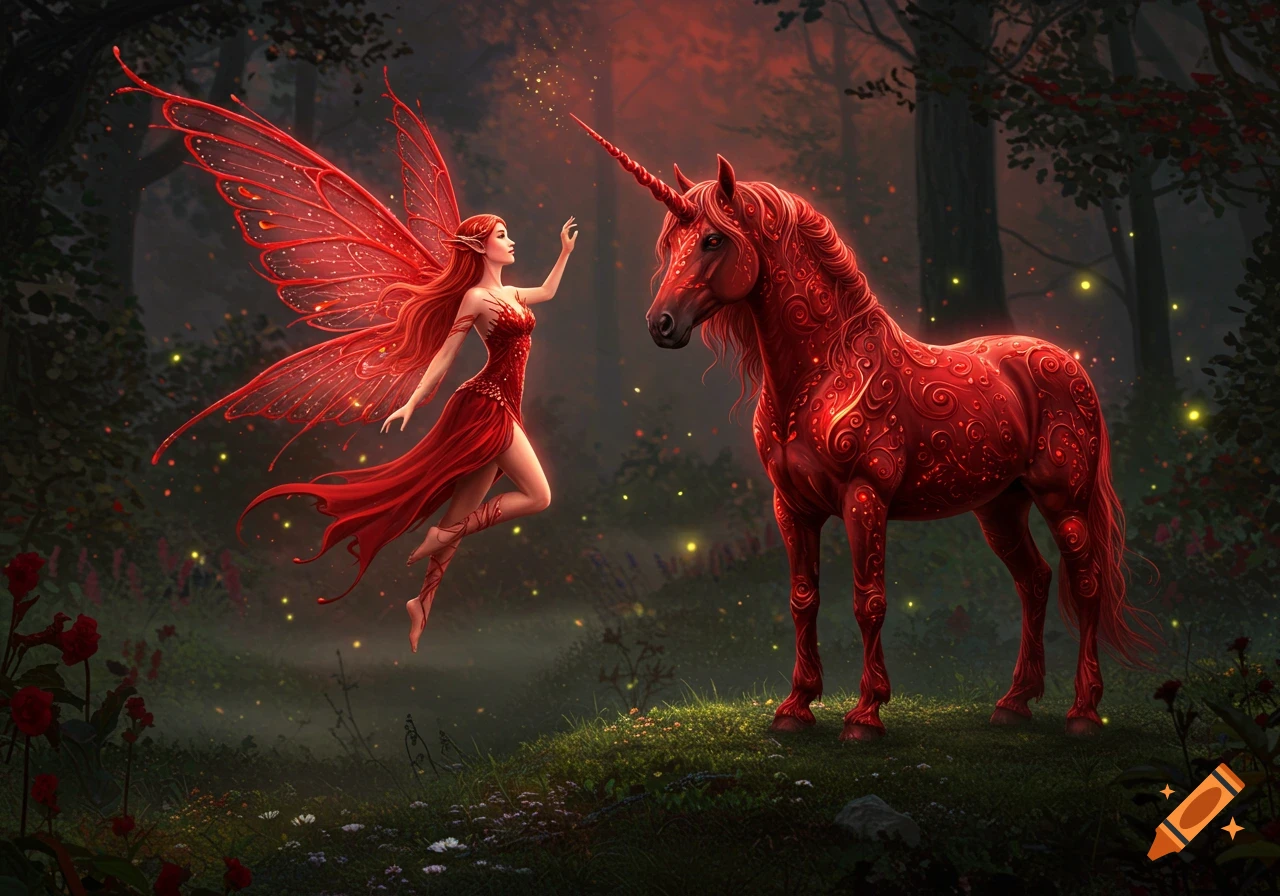 A vibrant red fairy with large wings interacting with an intricately decorated red unicorn in a dark, magical forest.