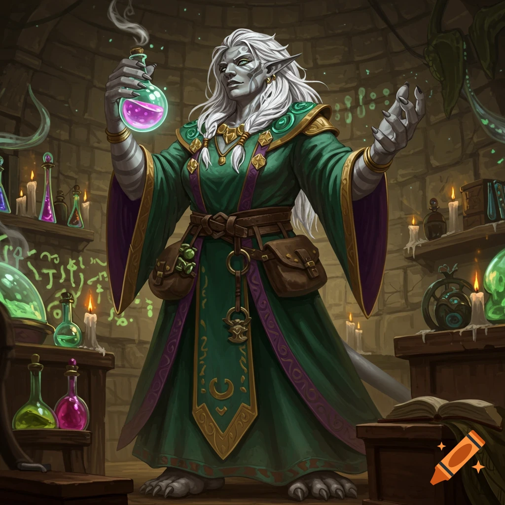 A grey-skinned alchemist with white hair and pointed ears, wearing a green robe, holds a glowing purple potion in a dimly lit, potion-filled laboratory.