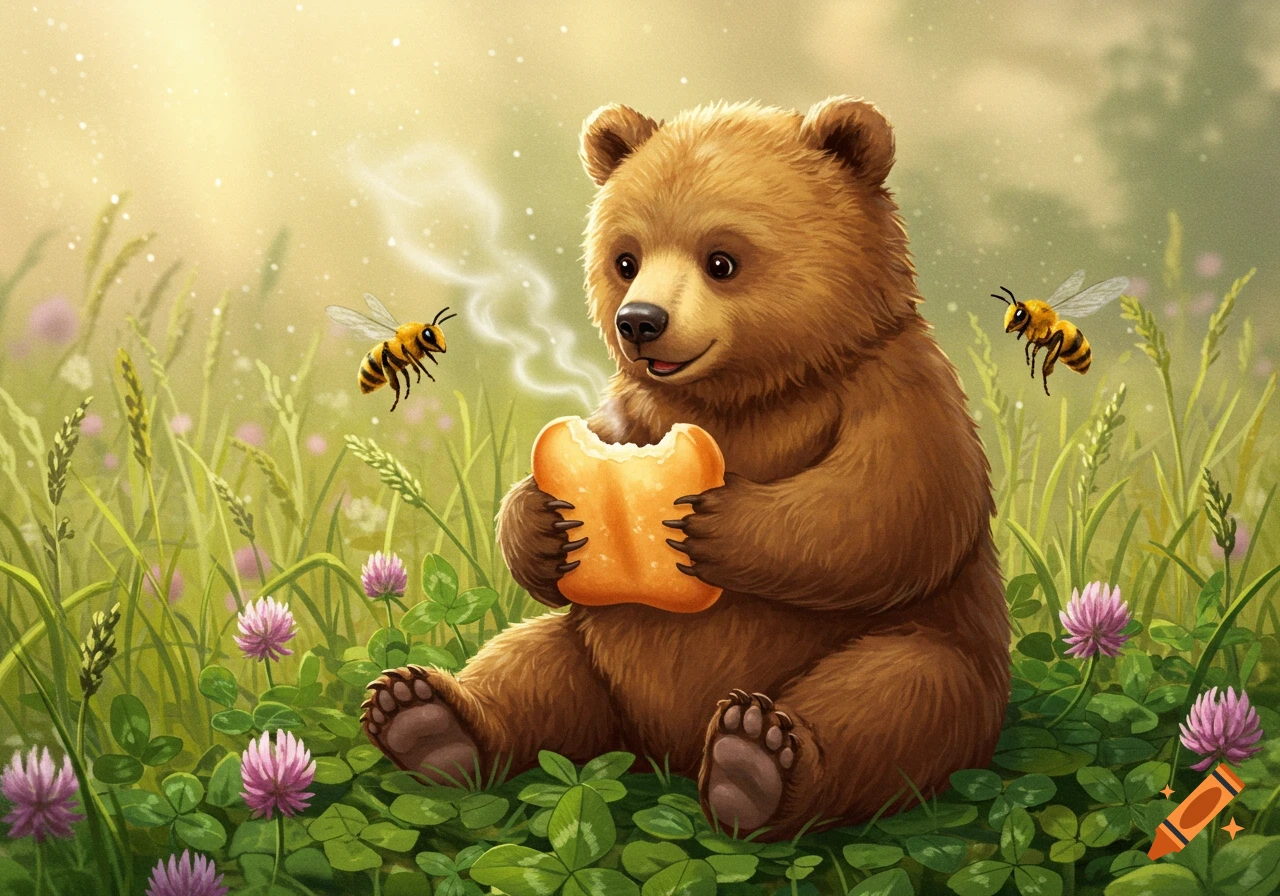 A cute cartoon brown bear sitting in a field of green clover and purple flowers, holding and eating a piece of steaming bread, with two bees flying nearby.