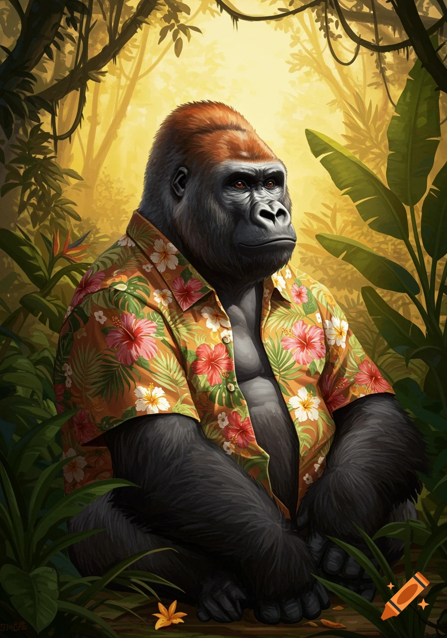 An anthropomorphic gorilla wearing a colorful Hawaiian shirt sits in a lush jungle with warm, golden light.