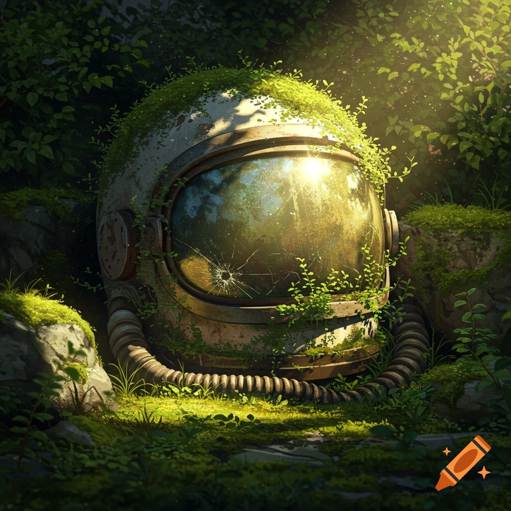 An old, overgrown astronaut helmet with a cracked visor, nestled in lush green foliage with sunlight filtering through the leaves.