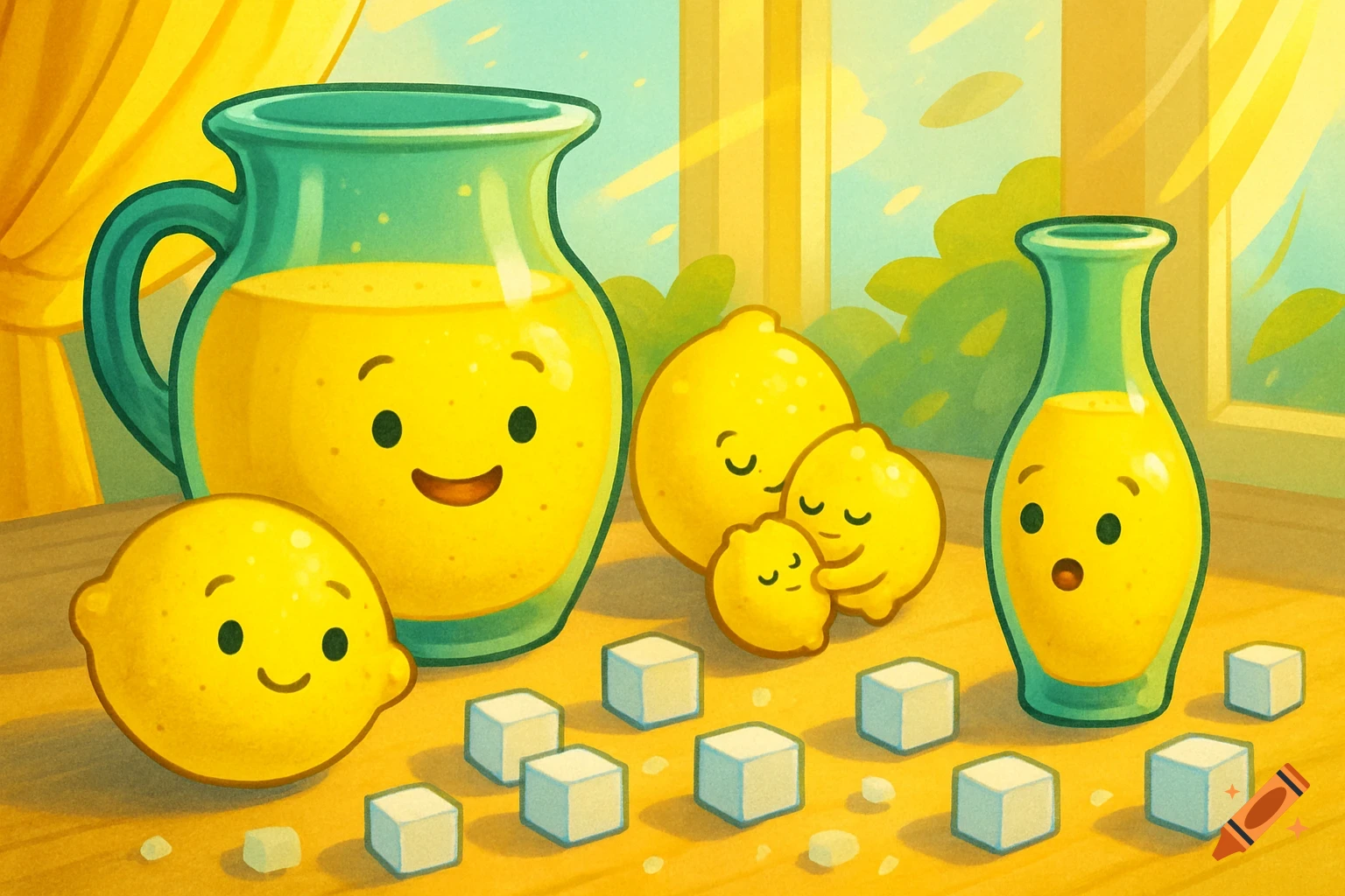 A happy cartoon pitcher of lemonade next to anthropomorphic lemons, some embracing, and scattered sugar cubes on a table.
