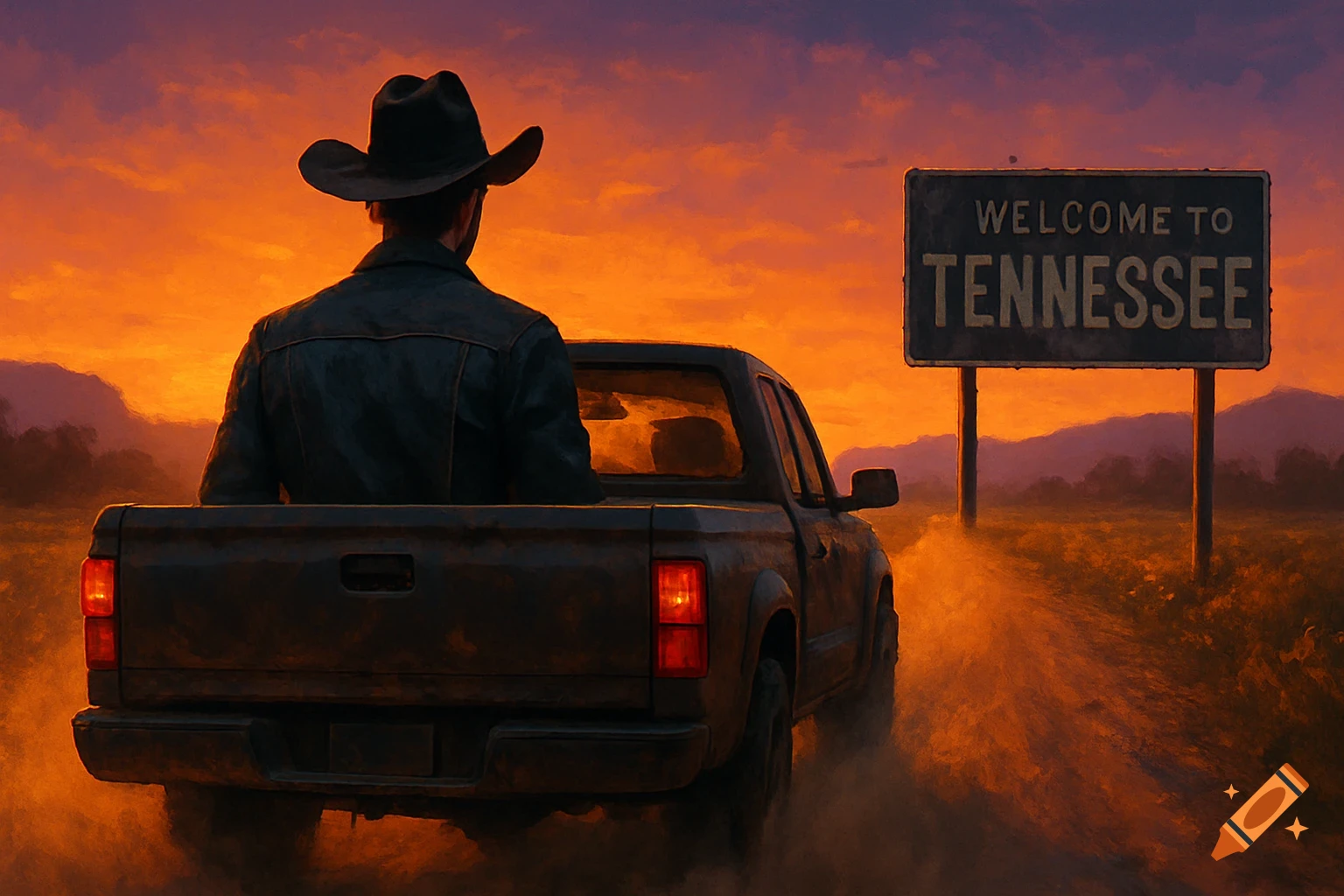 A cowboy in a pickup truck drives on a dirt road towards a 'WELCOME TO TENNESSEE' sign at sunset, painterly style.