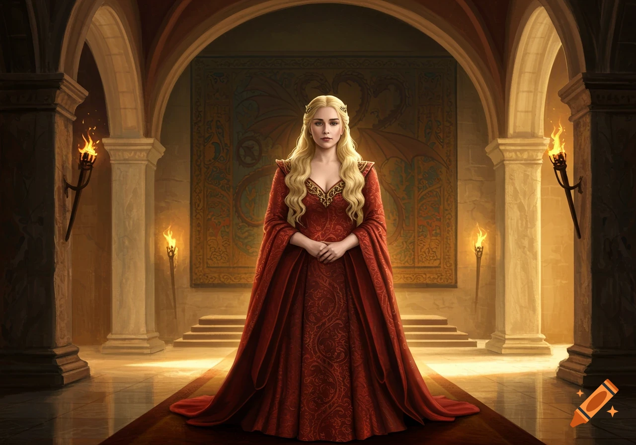 A woman with long blonde hair in a red gown stands in a grand hall with torches and a dragon tapestry.