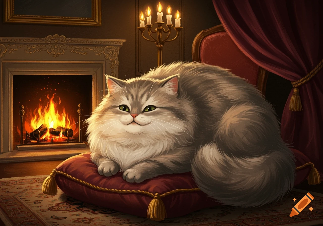 A fluffy grey and white cat with green eyes lies on a red pillow in front of a cozy fireplace.