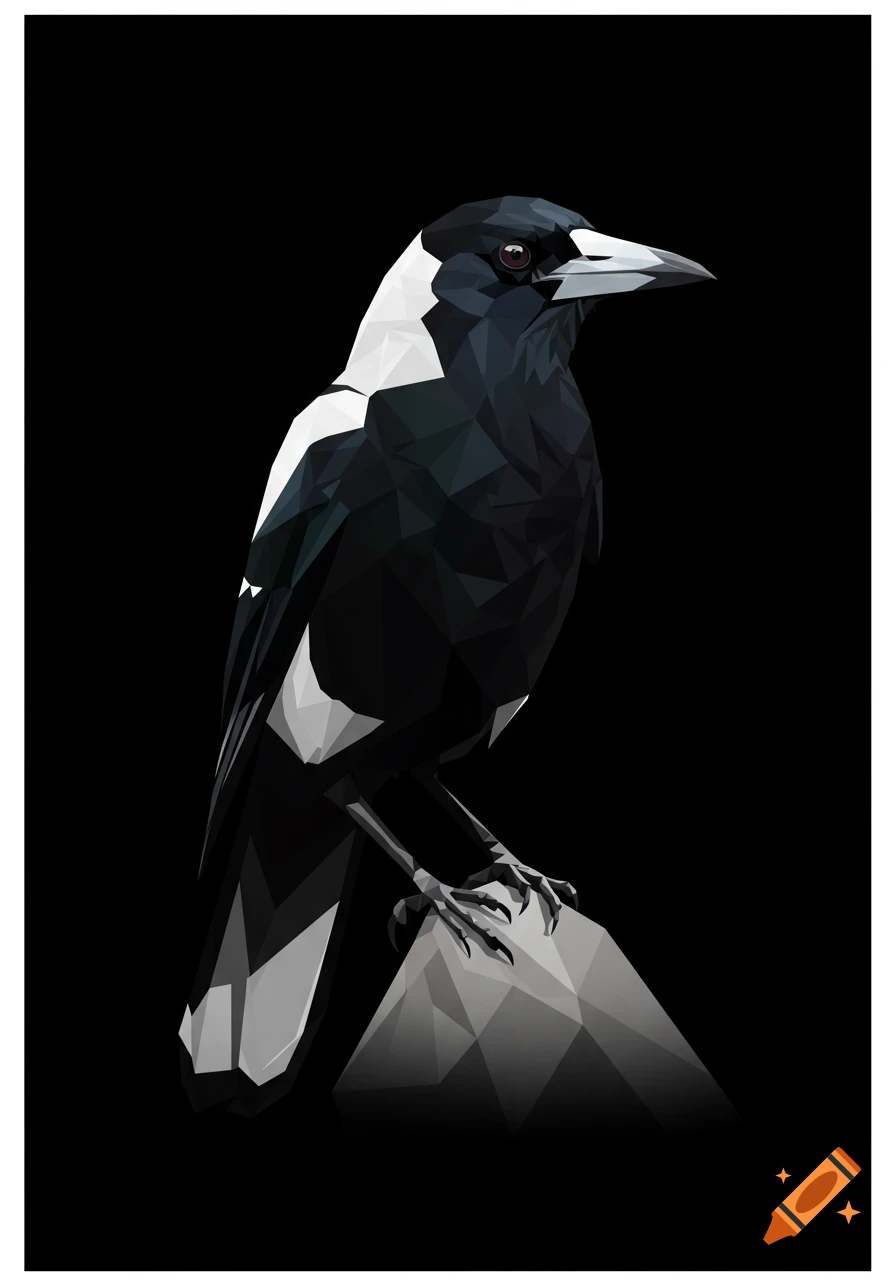 A low-poly geometric illustration of a black and white magpie on a black background.