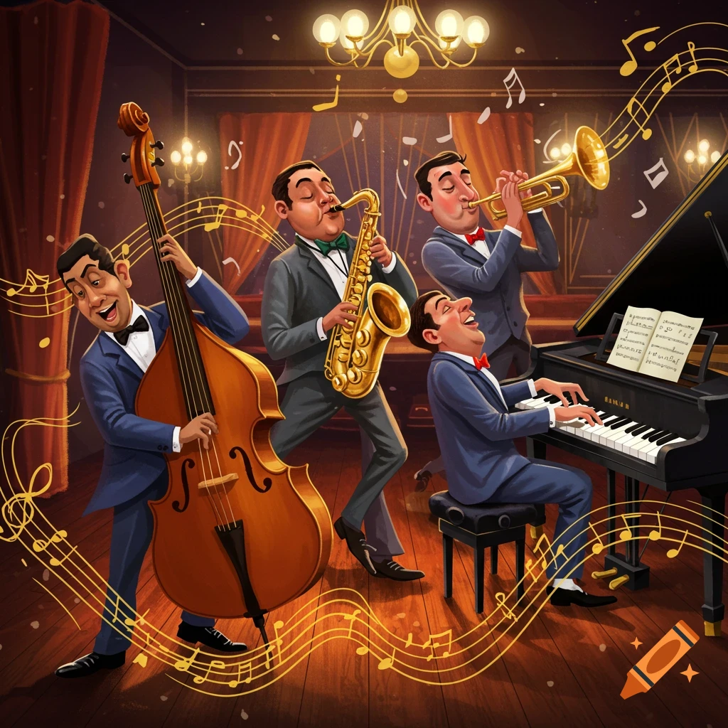 A vibrant cartoon illustration of a four-person jazz band playing in a dimly lit room with a chandelier. One man plays a double bass, another a saxophone, a third a trumpet, and the fourth plays a grand piano.