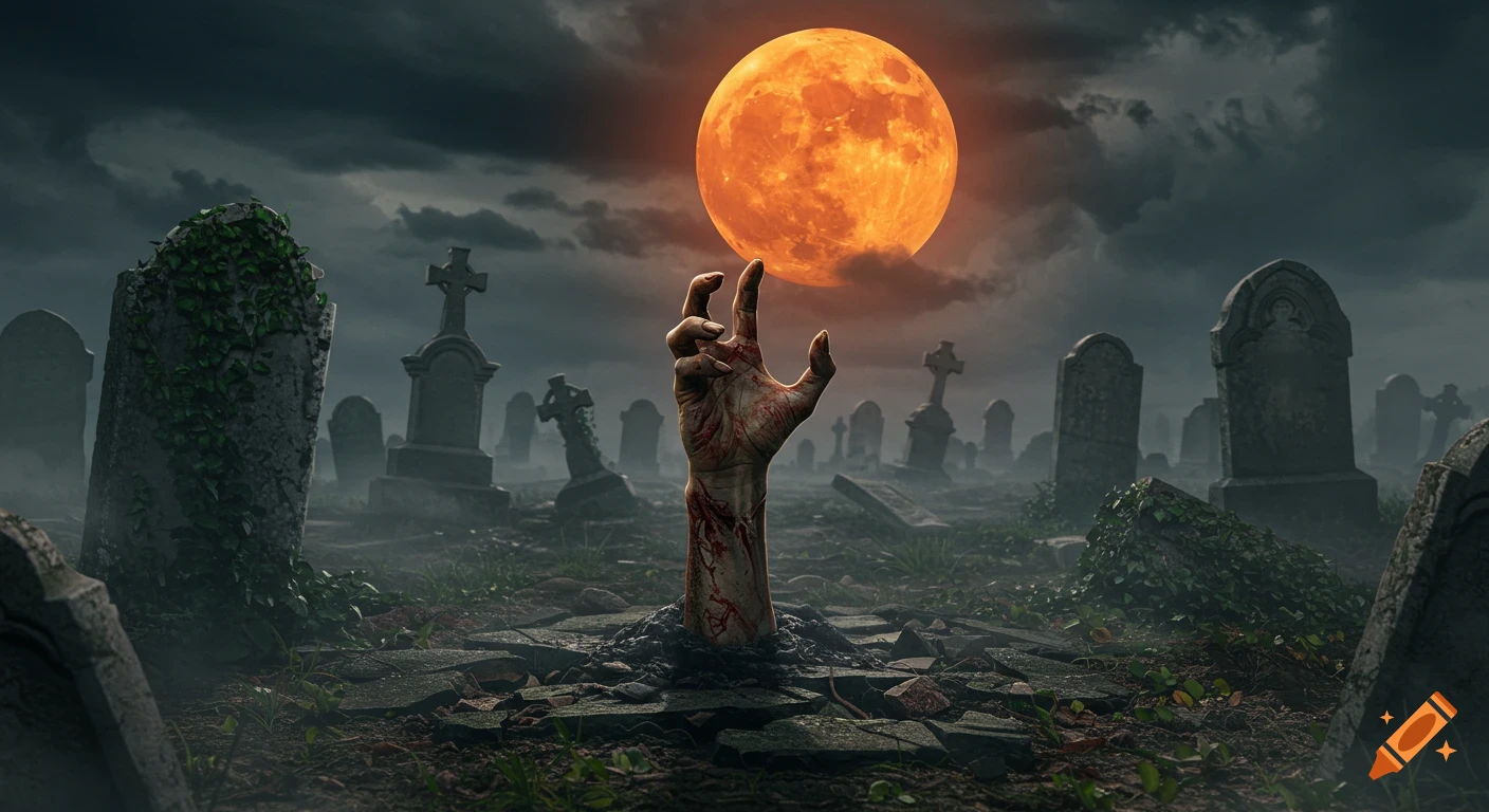 A zombie hand emerges from a grave in a misty graveyard under a large, glowing orange full moon.