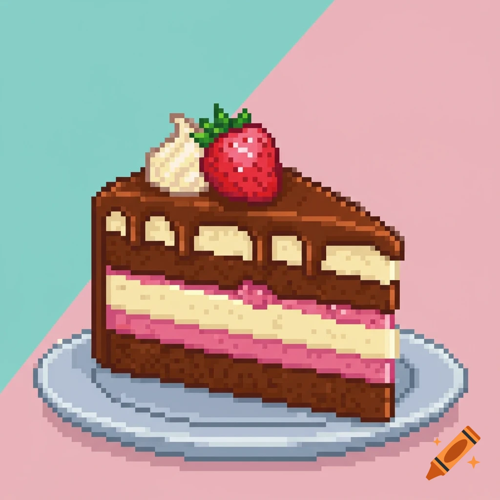 A pixelated slice of chocolate cake with pink and cream layers, topped with whipped cream and a strawberry, on a white plate.