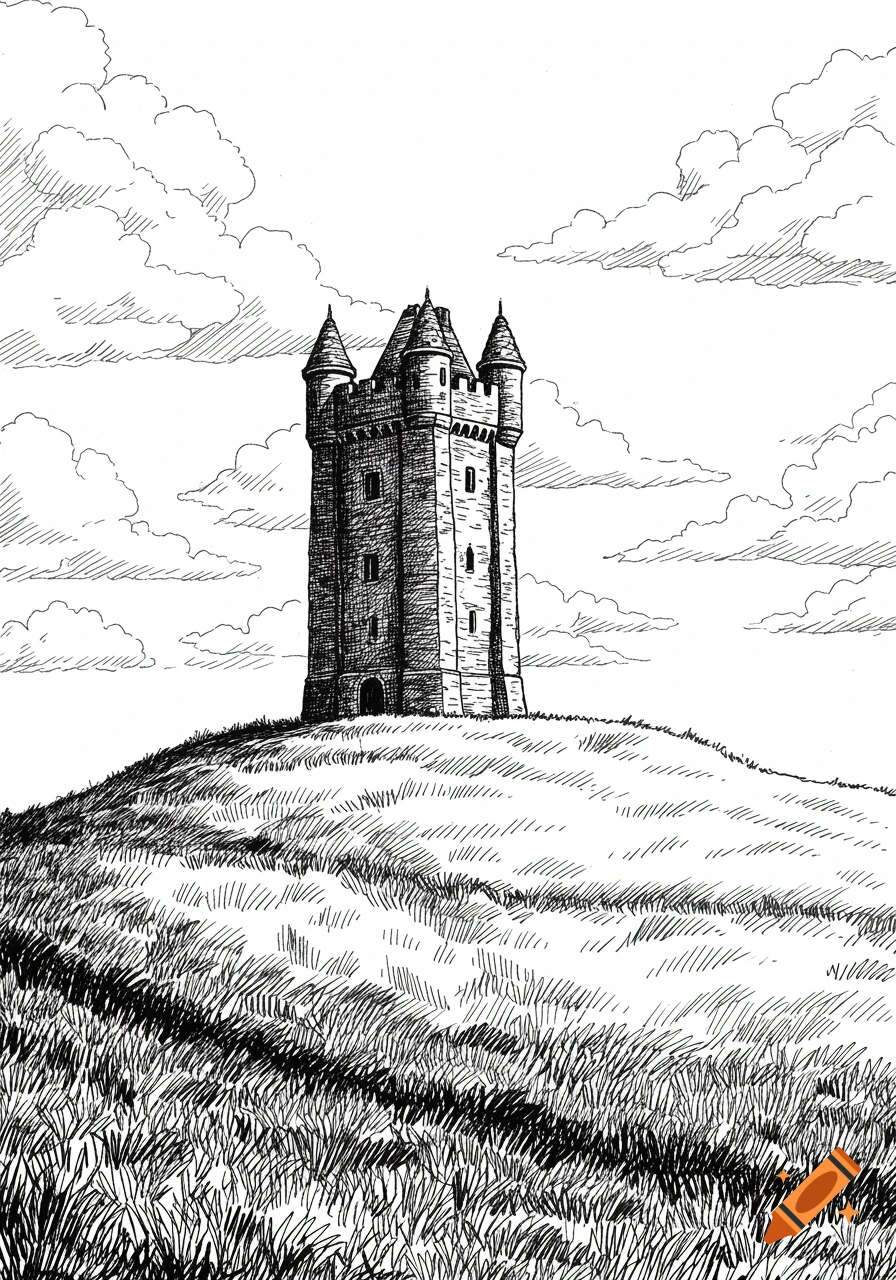 A black and white line drawing of Scrabo Tower on a grassy hill under a cloudy sky.