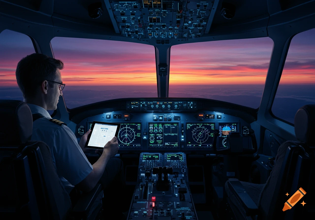 A pilot views a sunset from the cockpit of an airplane, holding a tablet.