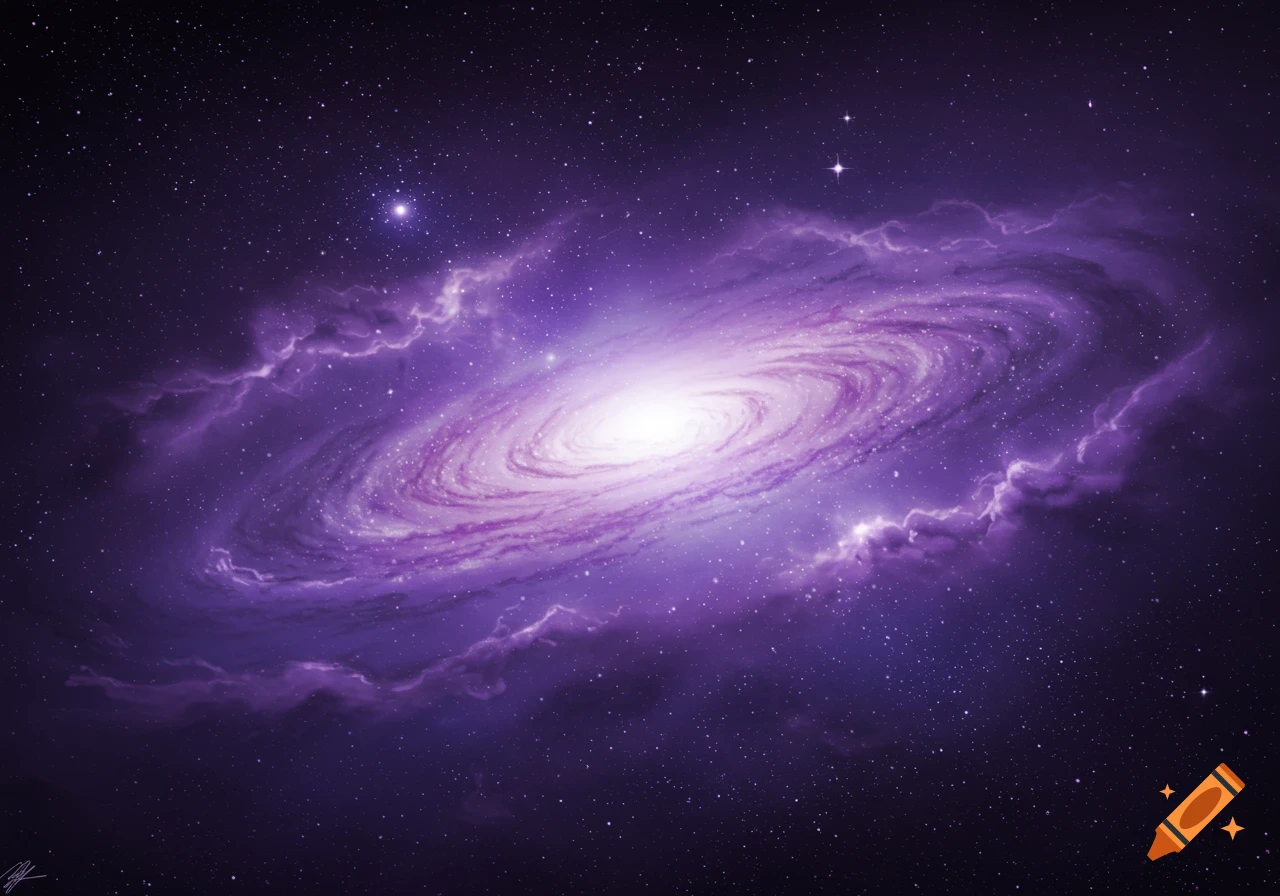 A vibrant purple spiral galaxy with a bright core, surrounded by nebulae and stars.
