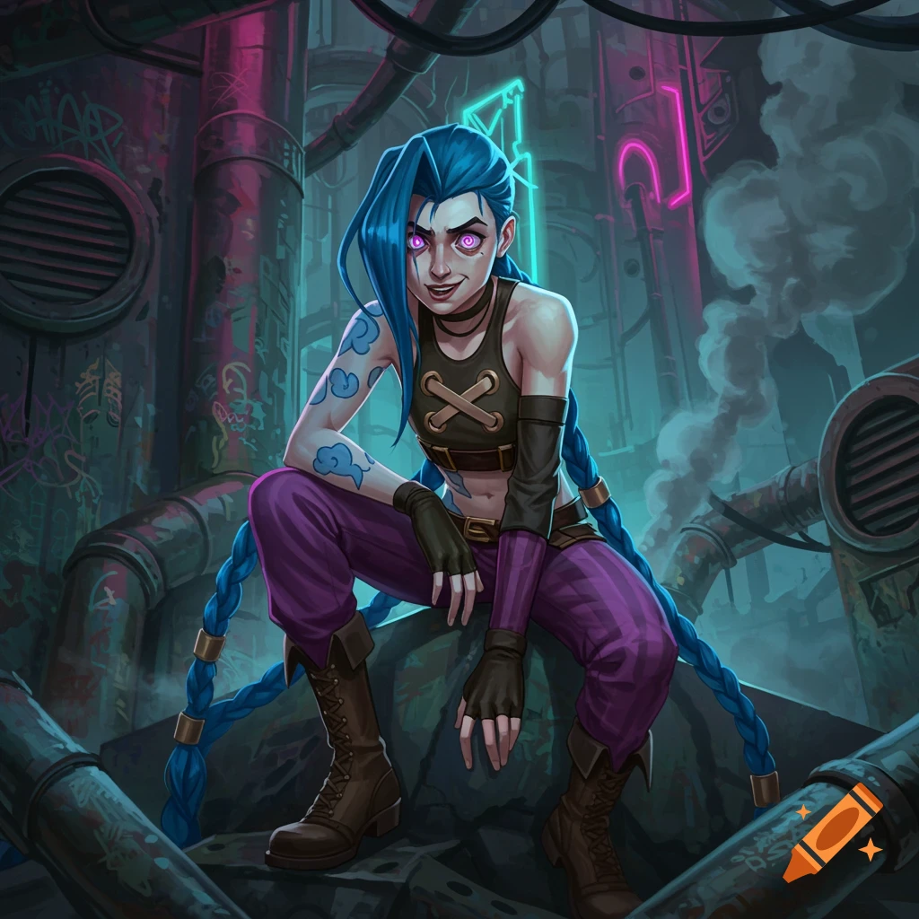 Stylized portrait of Jinx from Arcane, a blue-haired character with glowing eyes, crouching in a dark, neon-lit industrial setting.