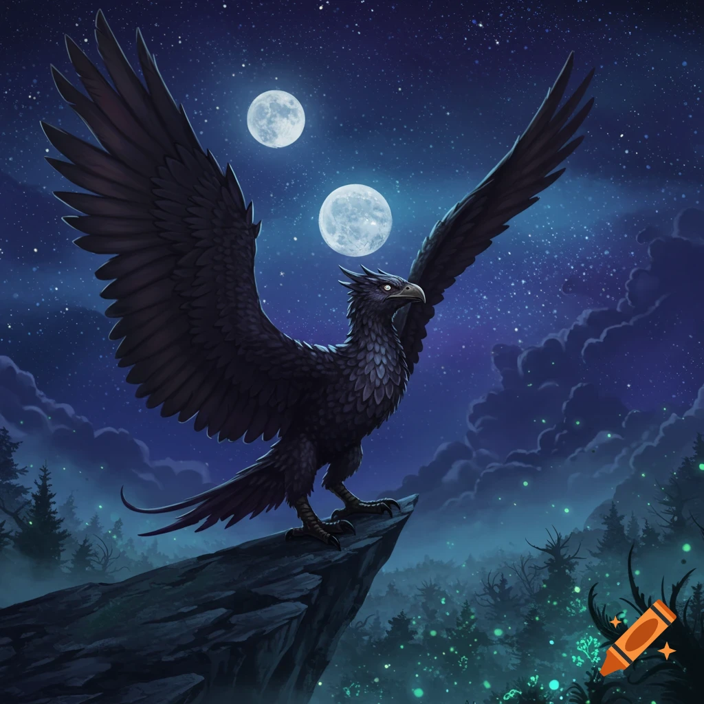 A dark, feathered strix-like creature with large wings spread, perched on a cliff edge under a starry night sky with two moons.