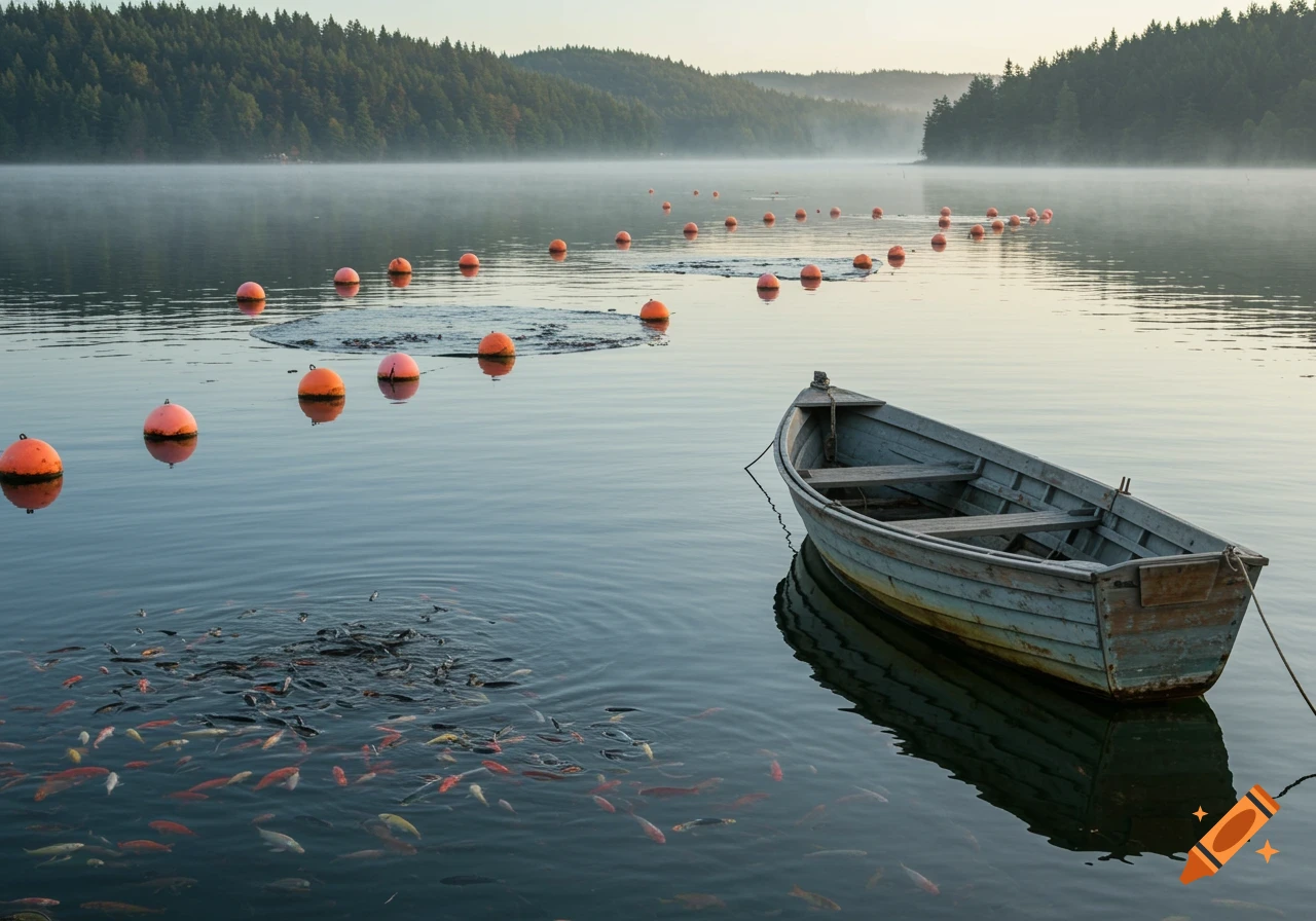 A small wooden boat floats on a misty lake at dawn, surrounded by orange buoys and a school of fish.