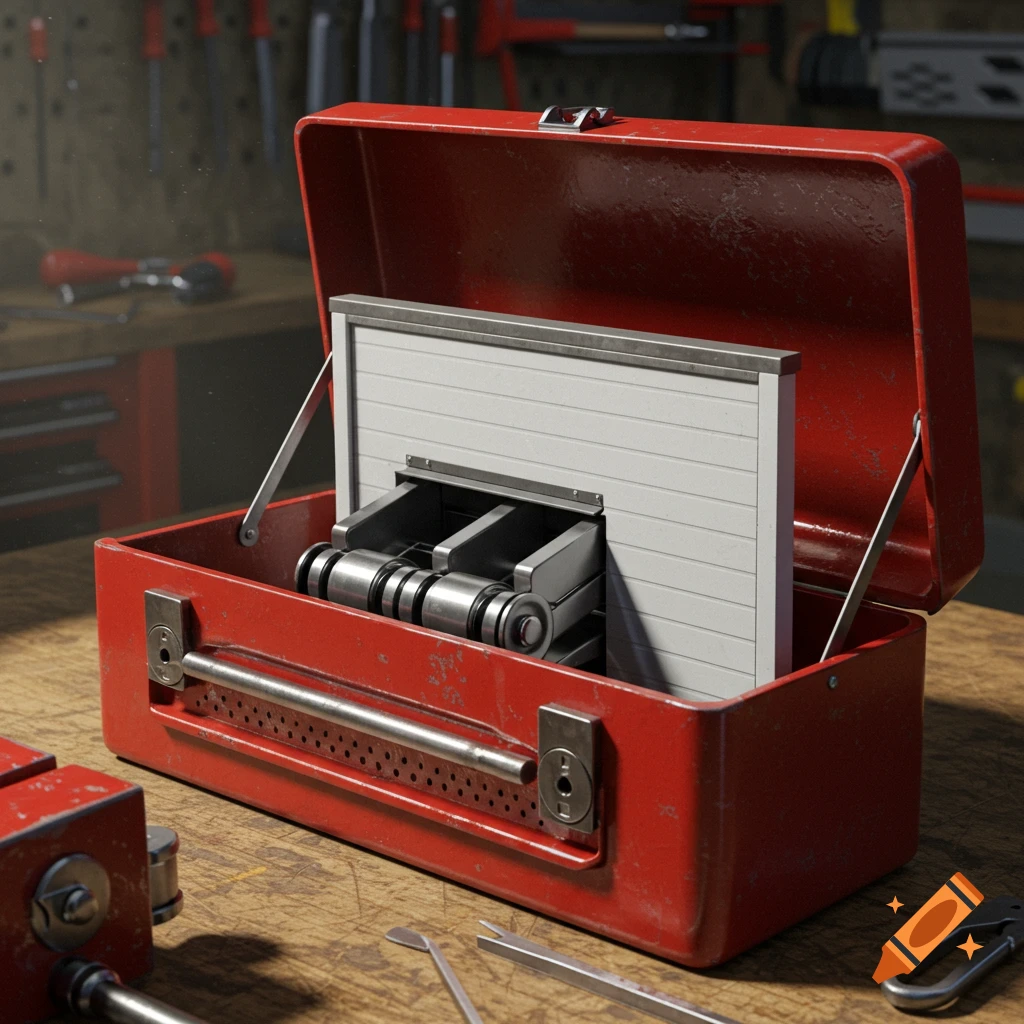An open red toolbox on a wooden workbench contains a small white garage door mechanism with rollers opening inside.