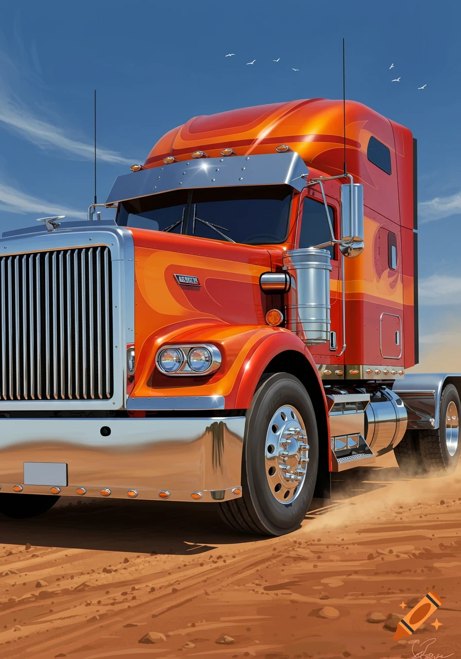 A vibrant orange and red semi-truck with chrome accents drives on a dusty dirt road under a clear blue sky.