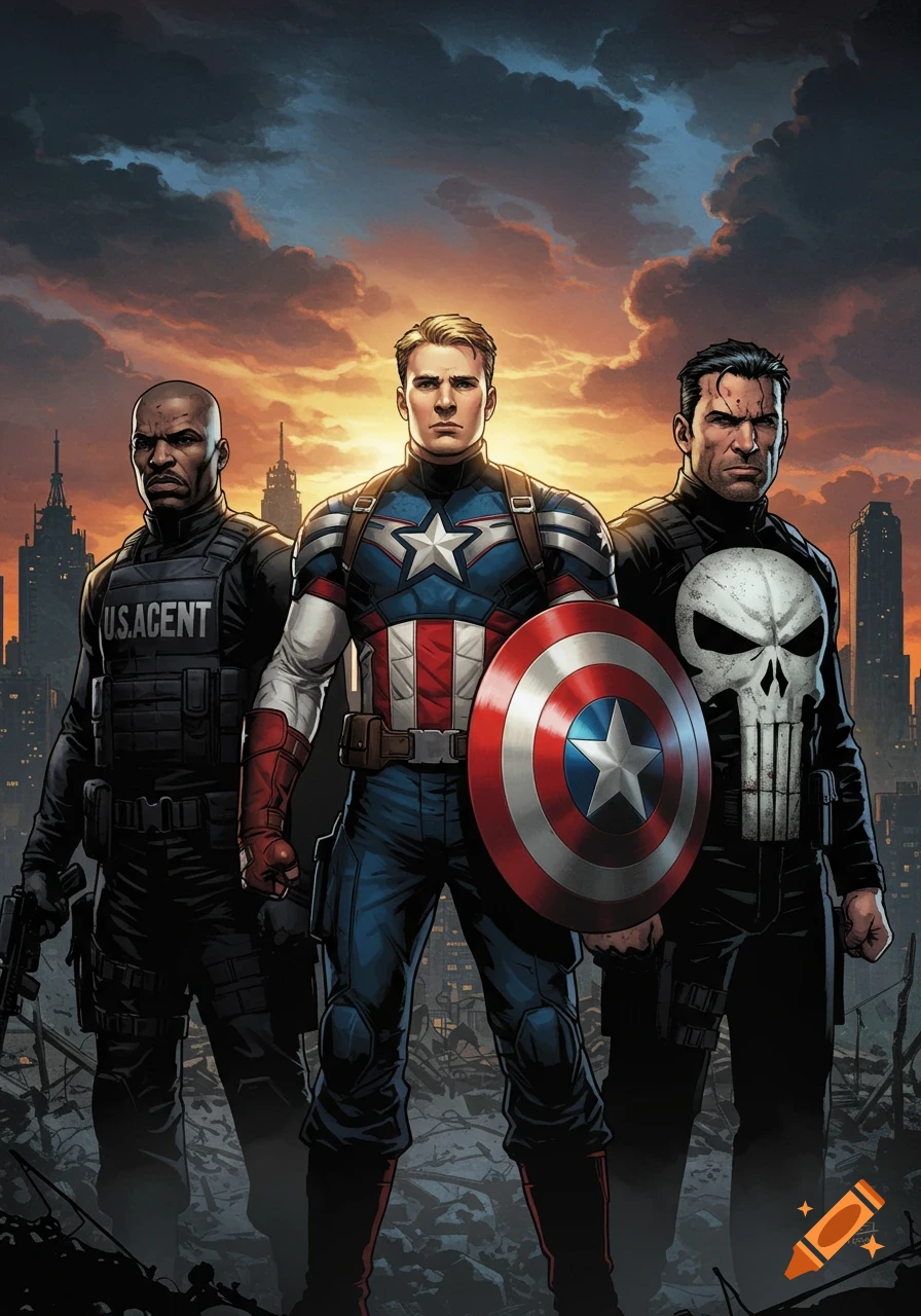 Captain America, US Agent, and The Punisher stand against a dramatic sunset cityscape in a comic book art style.