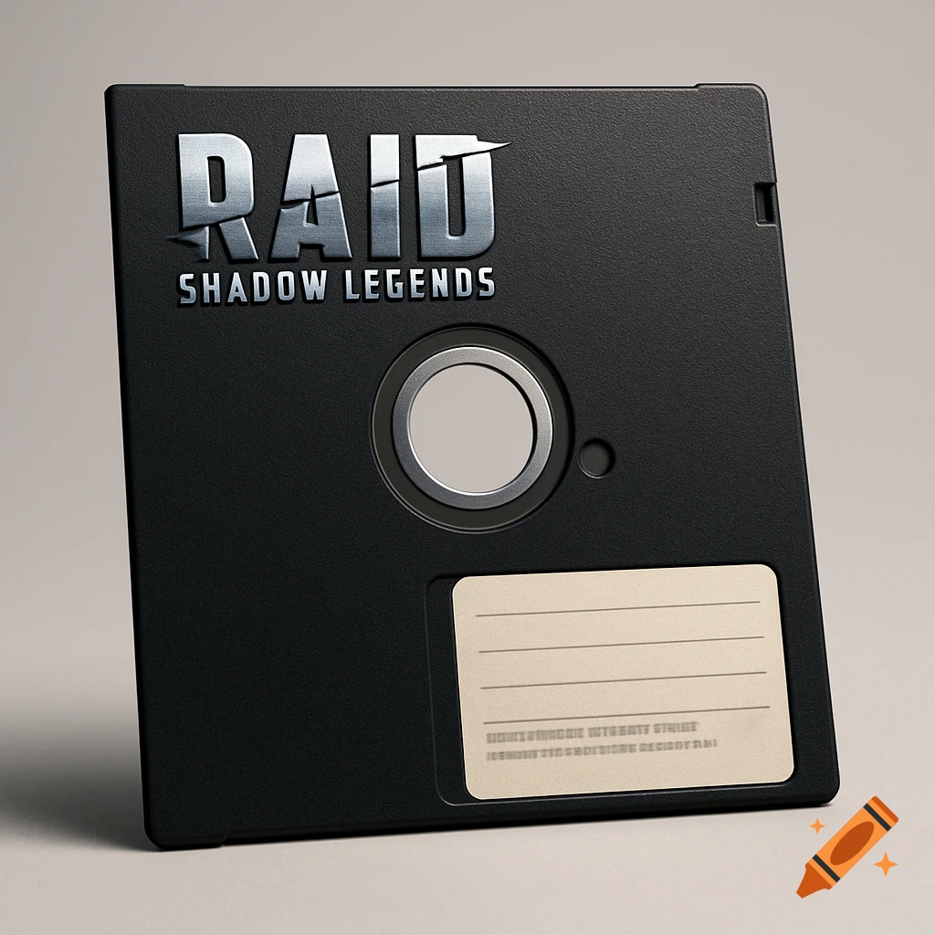 Photorealistic image of a black 5.25 inch floppy disk with the 'RAID Shadow Legends' logo on it and a blank label.
