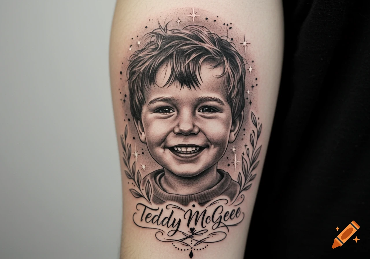 A black and white realistic tattoo of a smiling young boy's face, framed by leafy branches and stars, with the name "Teddy McGee" in script below.