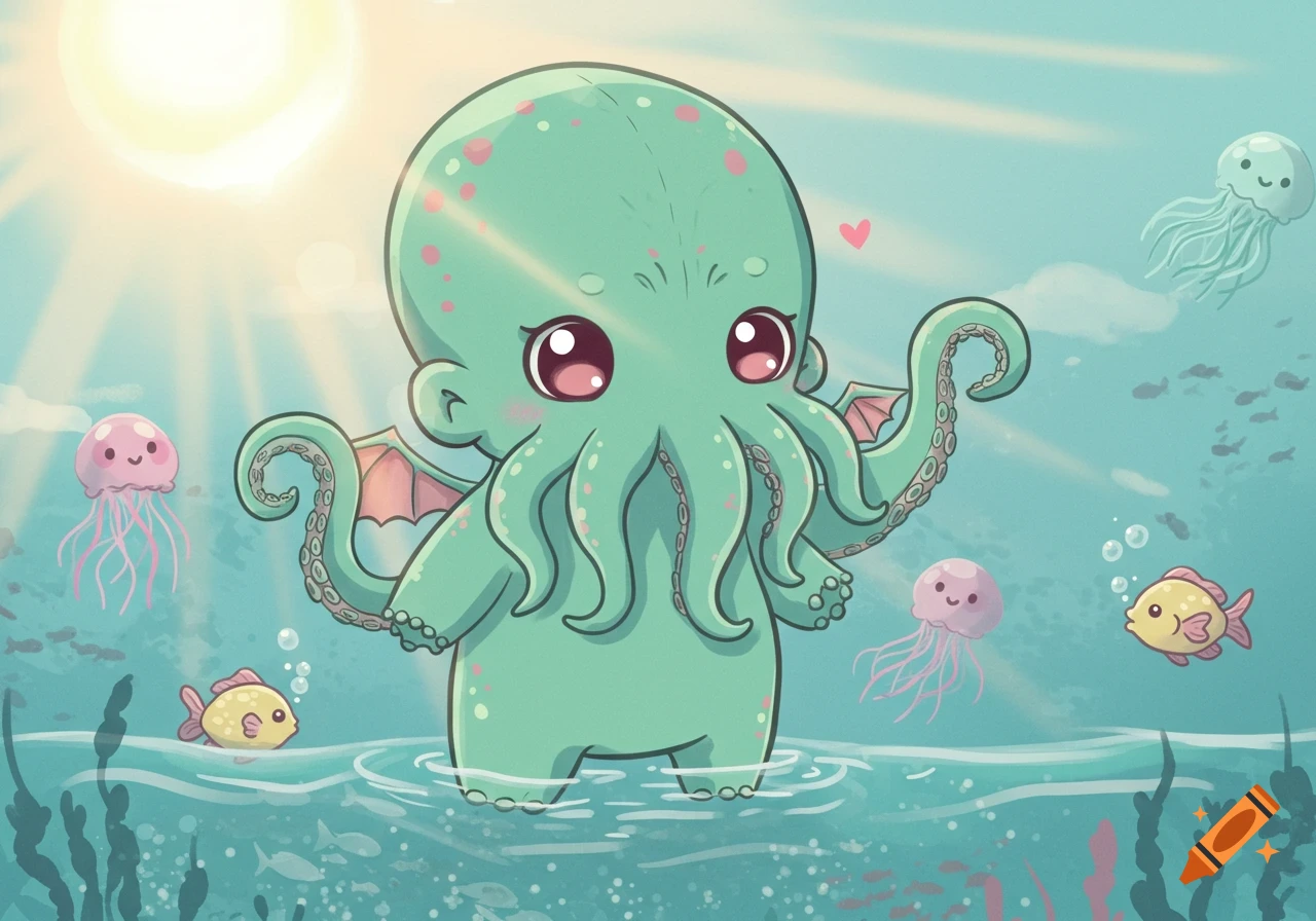 A cute, green, winged Cthulhu-like creature standing in shallow water, surrounded by adorable jellyfish and fish under a bright sun.
