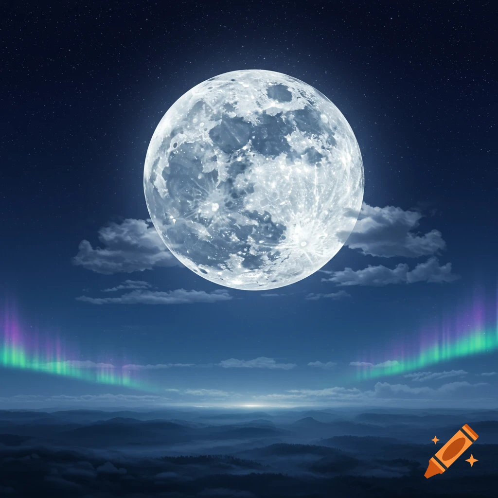 A luminous full moon illuminates a starry night sky with vibrant aurora borealis over misty mountains.