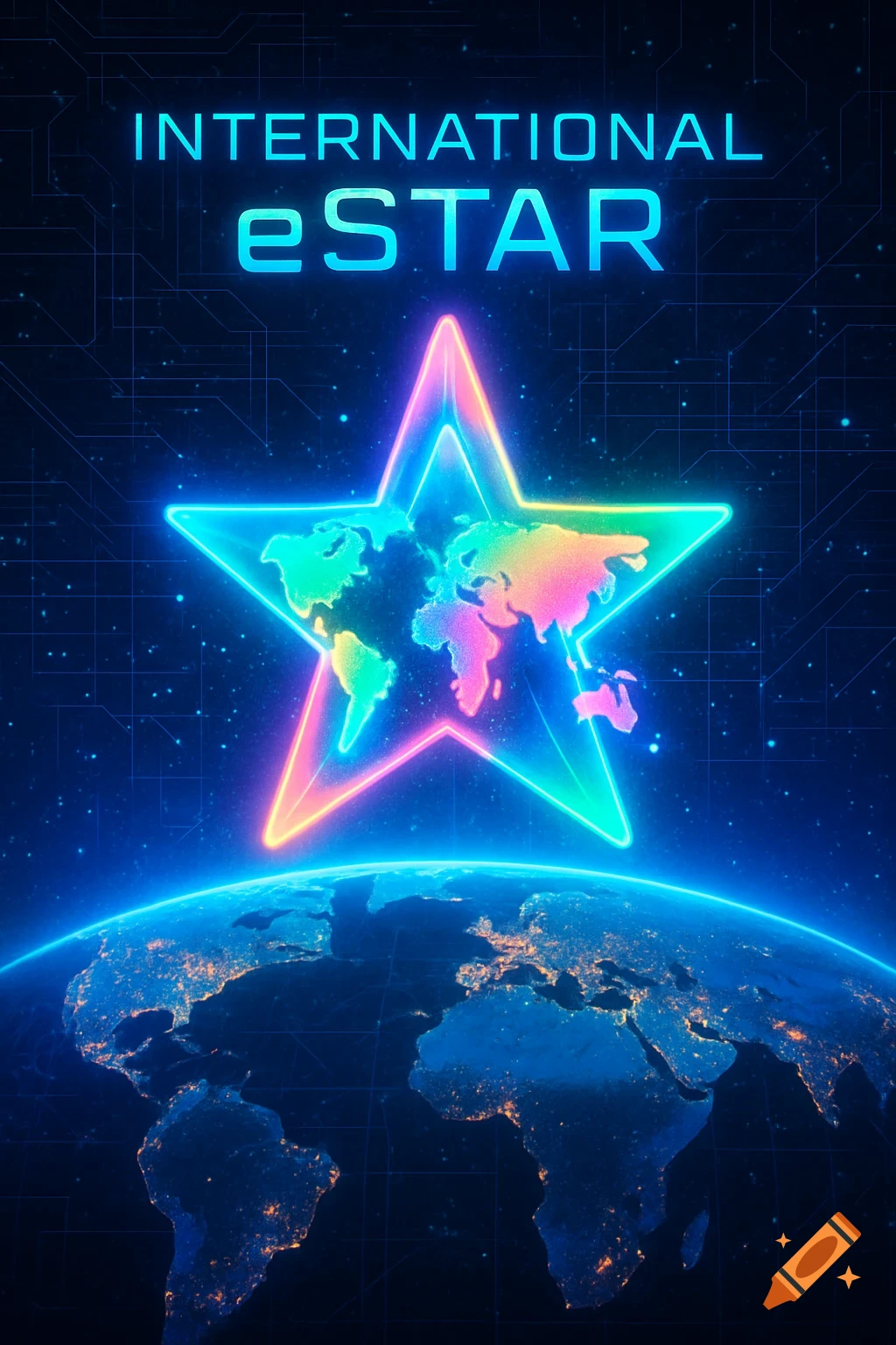 A vibrant neon star with a colorful world map inside, floating above a glowing Earth at night, against a starry, digital-patterned background. Text reads 'INTERNATIONAL eSTAR'.