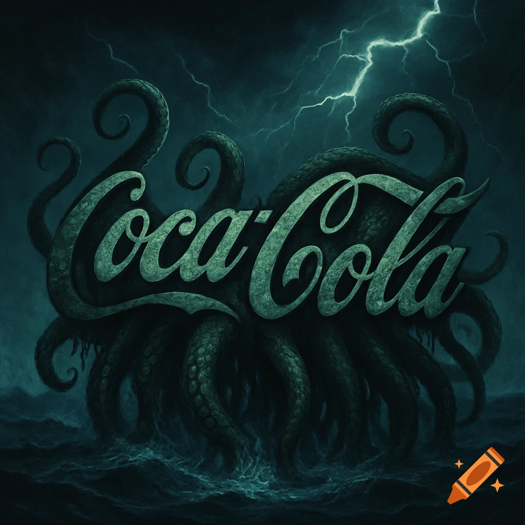 A dark and stormy image of the Coca-Cola logo reimagined as a Cthulhu-like monster with tentacles rising from the ocean.