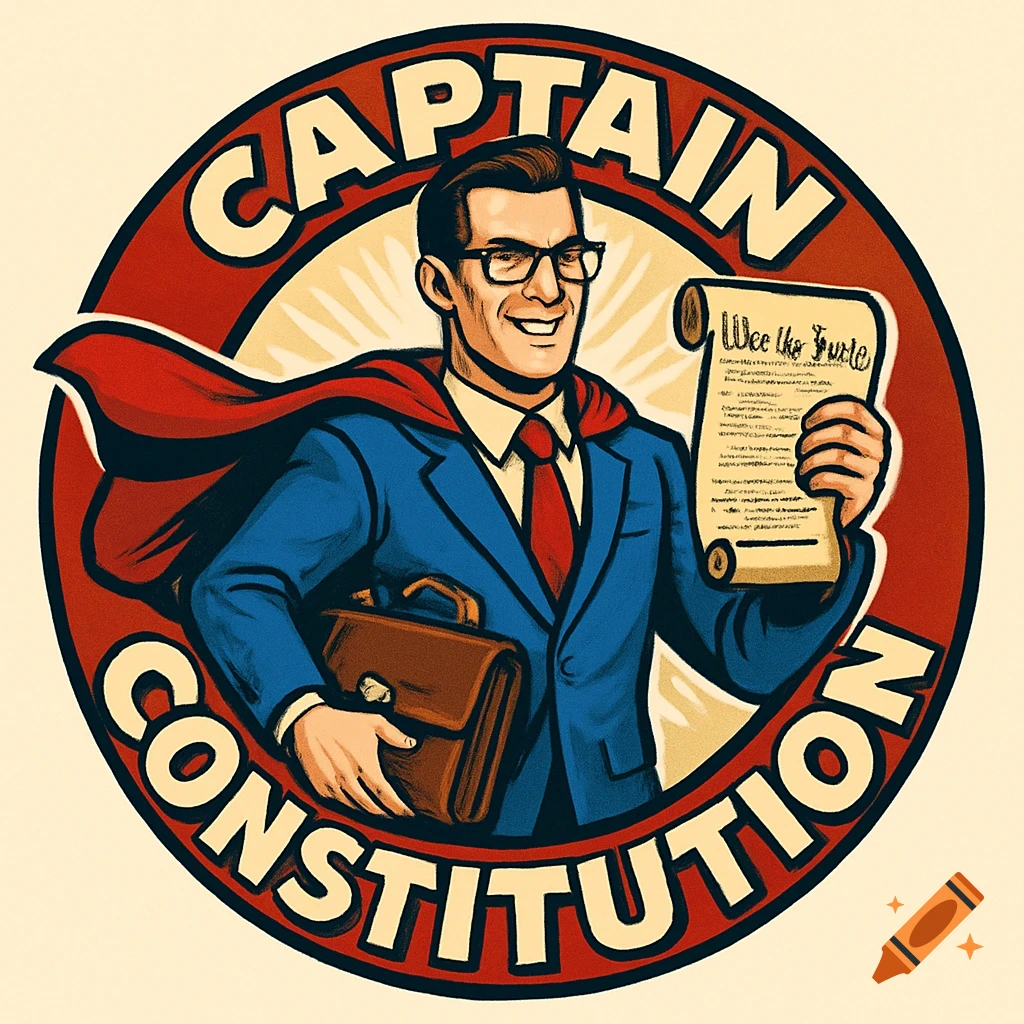 A vintage comic-style circular logo featuring a superhero lawyer named Captain Constitution in a blue suit, red cape, and glasses, holding a briefcase and a scroll.