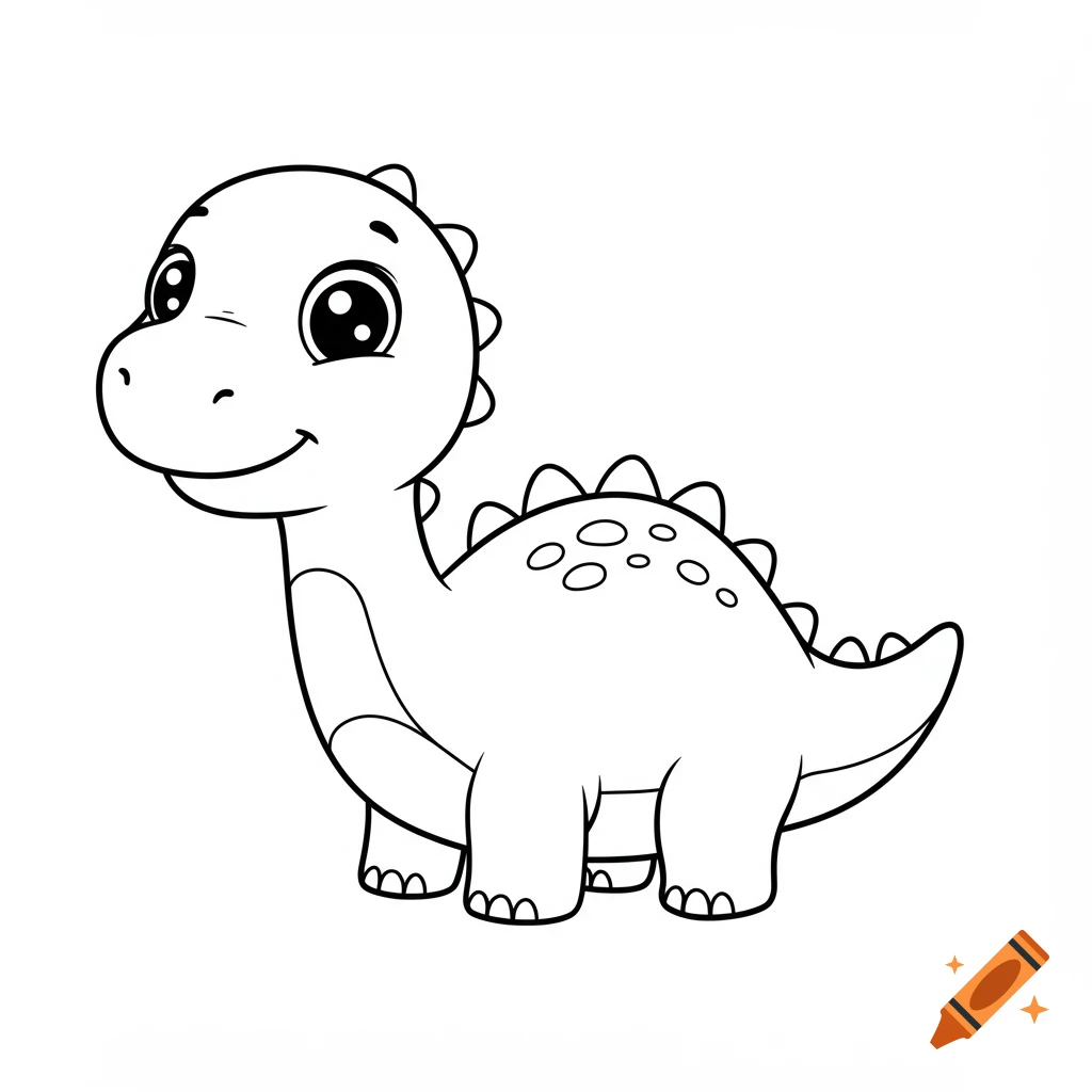 A cute cartoon dinosaur in black and white line art, smiling and standing on a white background.