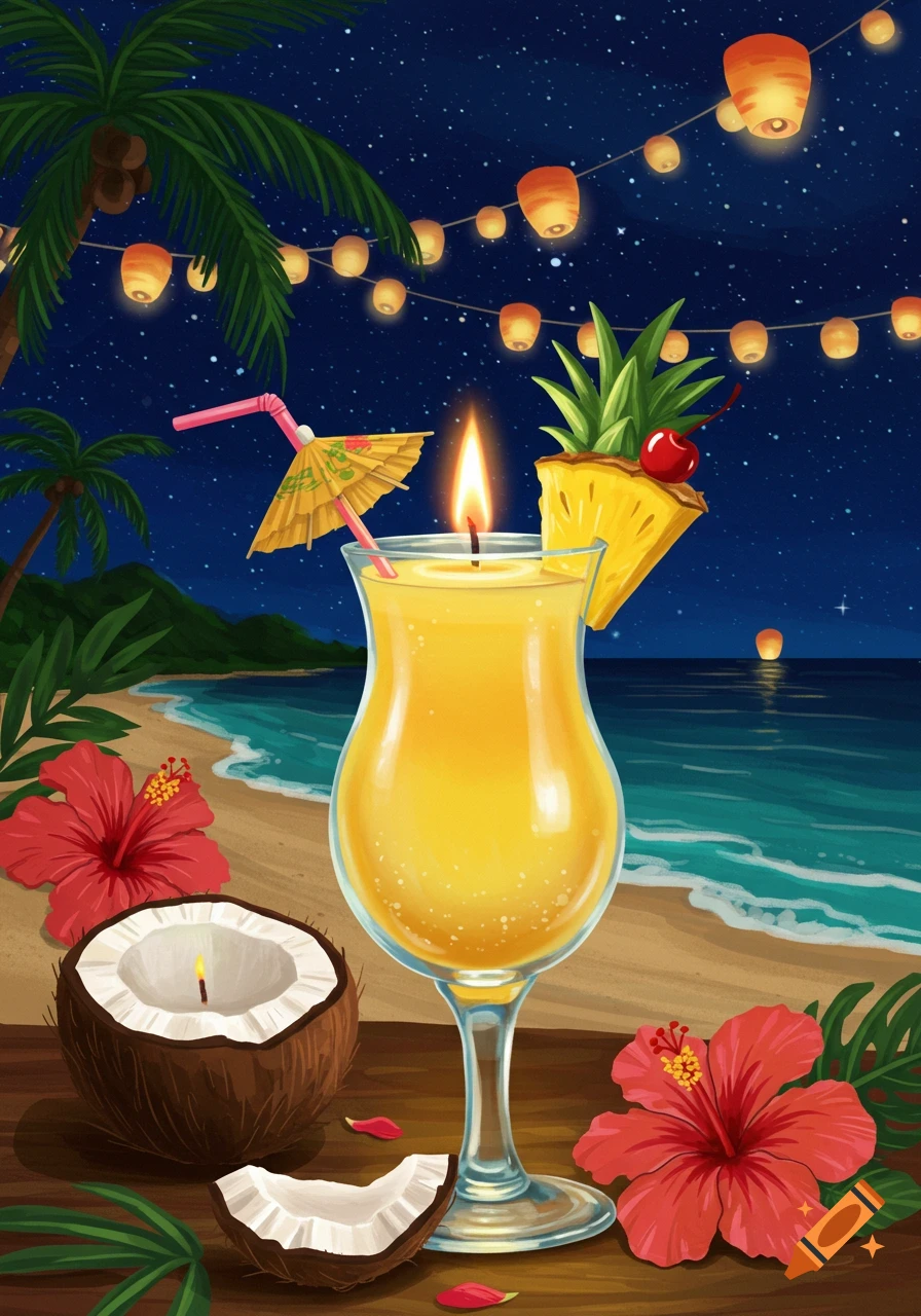 A vibrant illustration of a glowing pina colada cocktail candle and a coconut candle on a table at a tropical beach party under a starry night sky with string lights and lanterns.