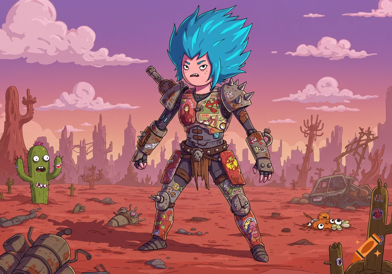 A blue-haired, punk-rock-style raider girl in studded armor stands in a barren post-apocalyptic desert with a sentient cactus and ruins.