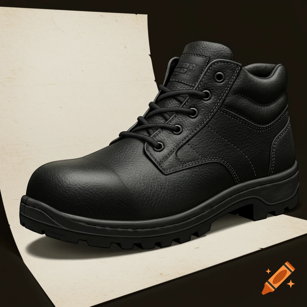 A black safety boot with textured leather is placed on a curved light-colored form, against a dark background. Photorealistic style.
