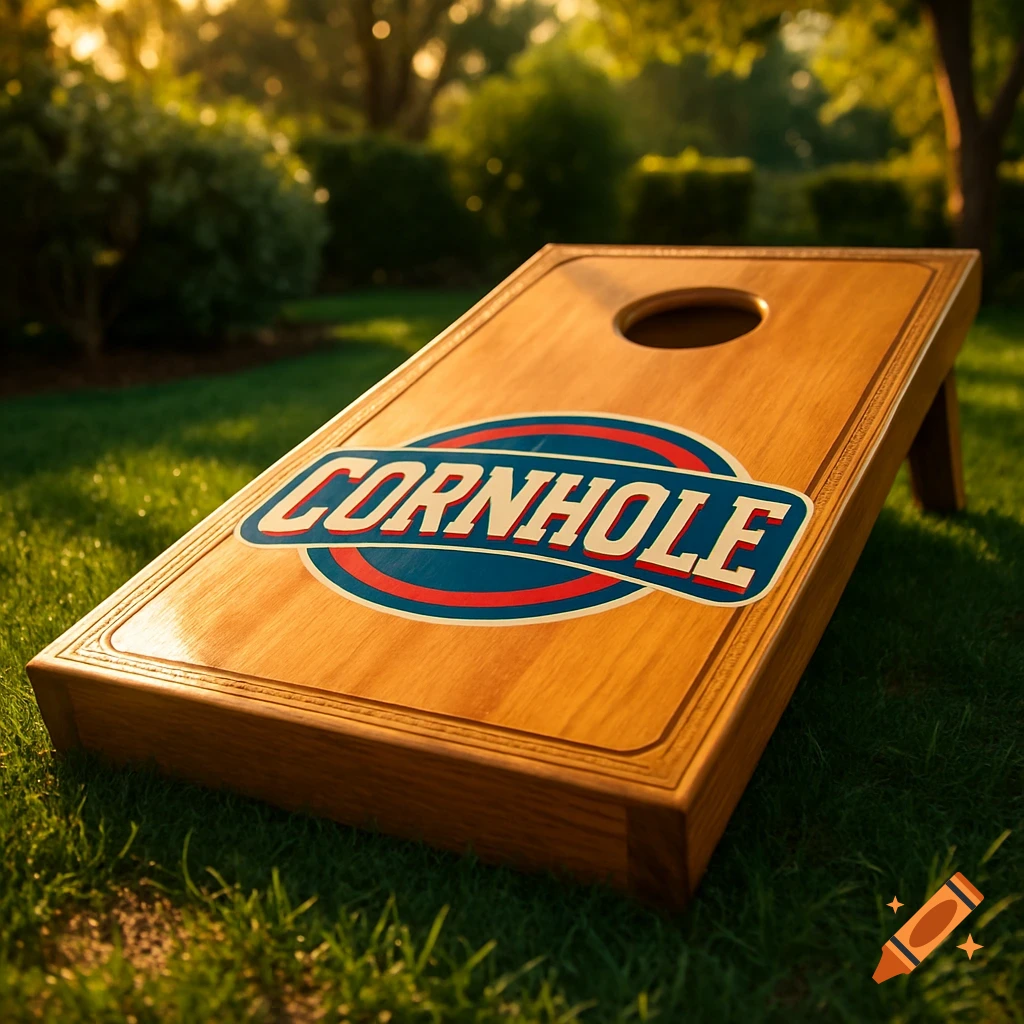 A wooden cornhole board with a blue and red "CORNHOLE" logo sits on green grass under warm sunlight.
