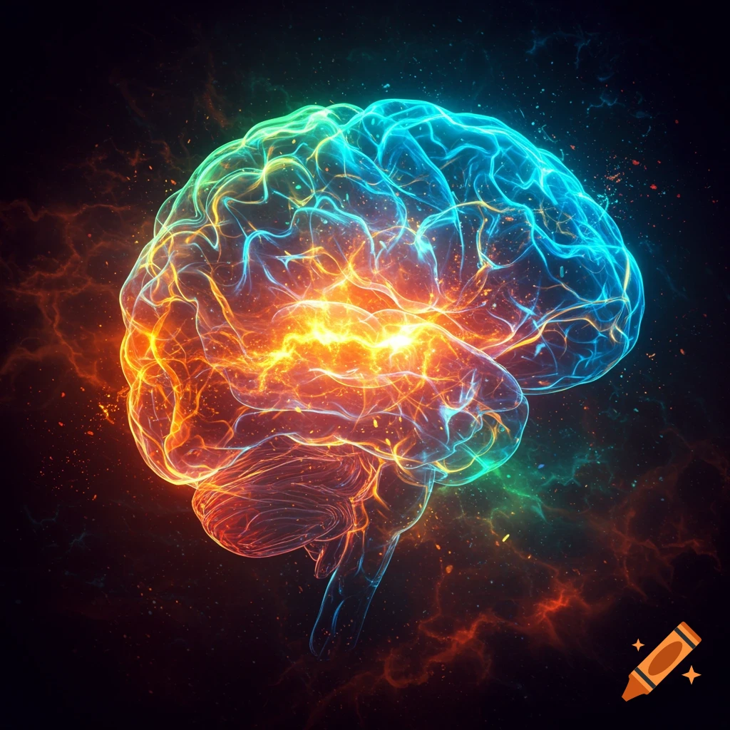 Vibrant abstract human brain with glowing neural activity in blue, orange, and red against a dark, cosmic background.