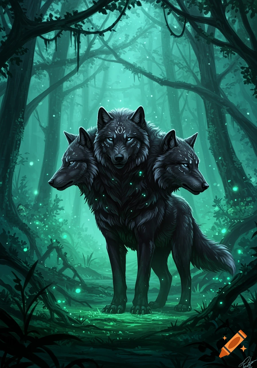 A dark three-headed black wolf with glowing blue eyes stands in an ethereal teal forest with luminous green particles, digital painting.