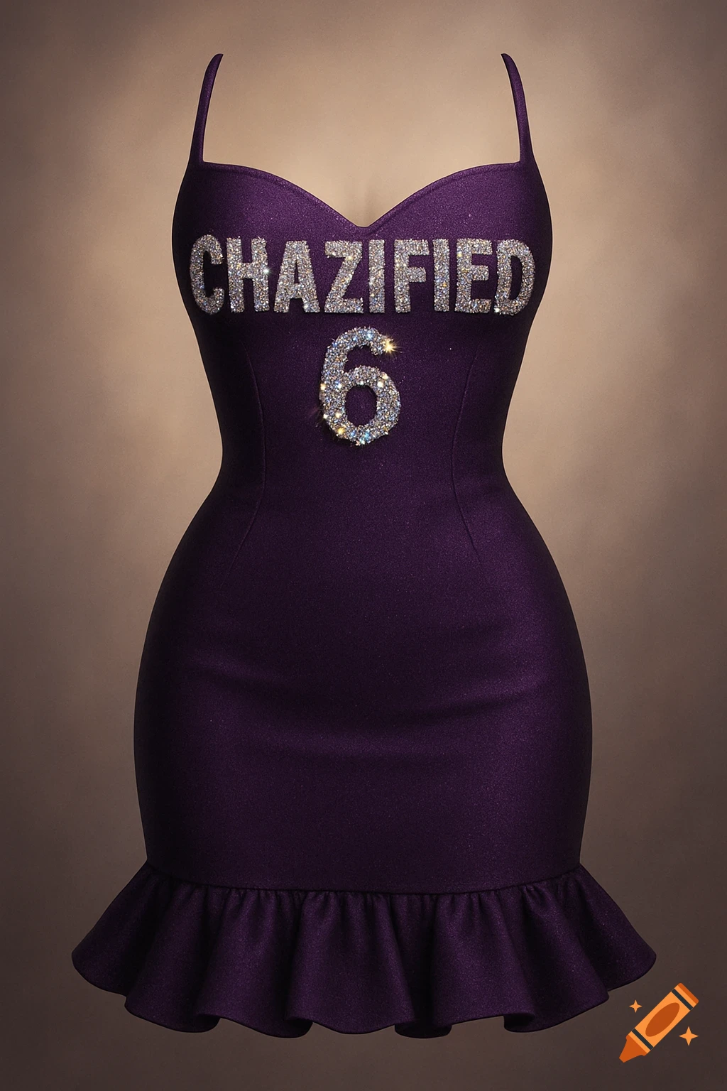 A dark purple sweetheart-neckline dress with rhinestone letters spelling "CHAZIFIED" across the chest and a rhinestone number "6" below it, on a neutral background.
