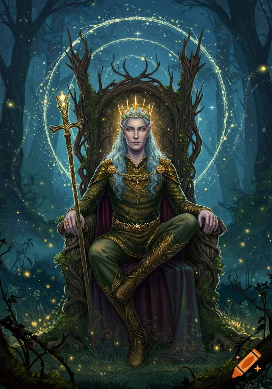 An elven king with a golden crown and staff sits on a root throne in a magical forest with glowing lights.