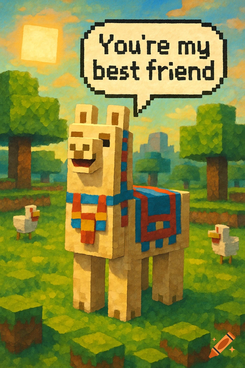A smiling blocky llama with a colorful blanket in a Minecraft-style landscape, with a speech bubble saying 'You're my best friend'.