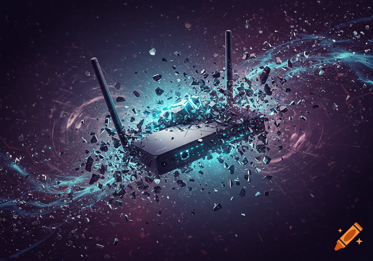 A futuristic router shatters into glowing blue fragments against a dark, energetic background.