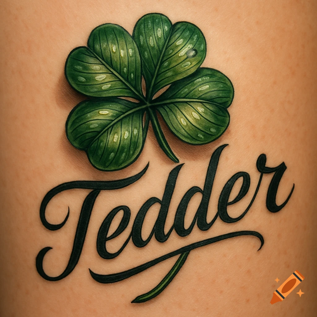 A vibrant green four-leaf clover tattoo with the name 'Tedder' in elegant script, against a skin-toned background.