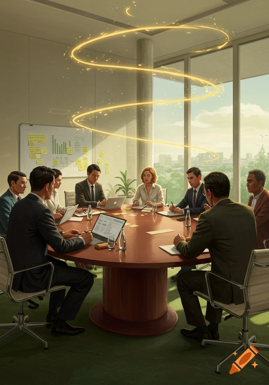 A group of professionals sits around a boardroom table in a modern office, with golden magical light swirling above them.