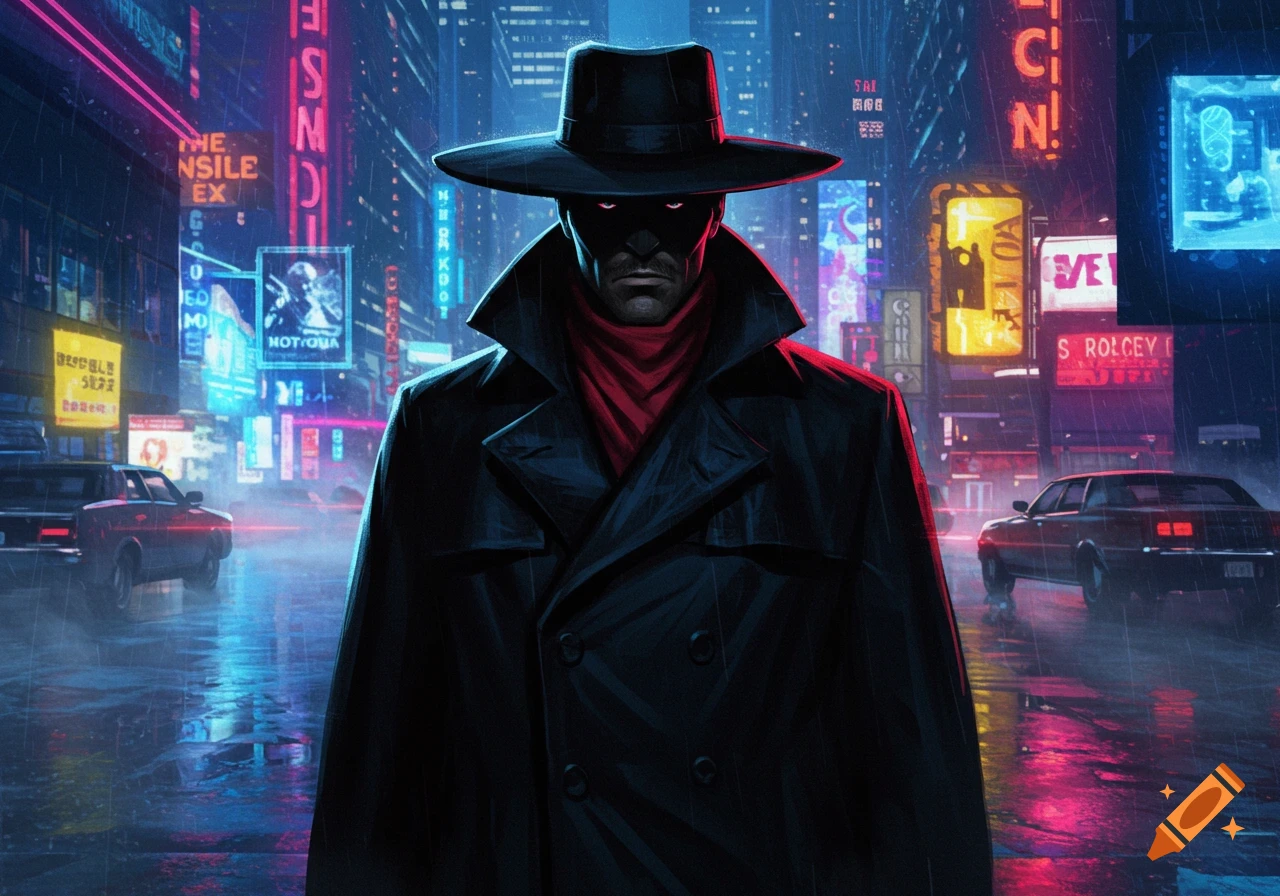 A mysterious man in a black trench coat and fedora with glowing red eyes stands in a rainy, neon-lit cyberpunk city street.