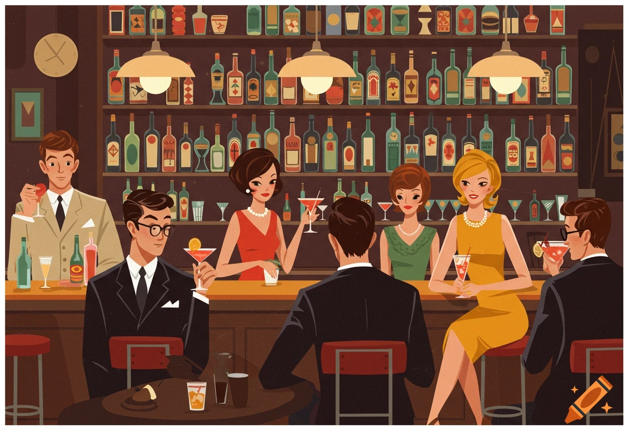 A 1960s-style illustration shows people drinking cocktails at a bar with shelves of bottles.