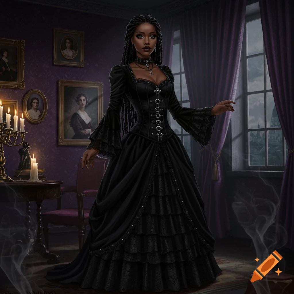 A woman with dark skin and braided hair in a black gothic dress stands in a dimly lit, ornate room with candles and portraits.