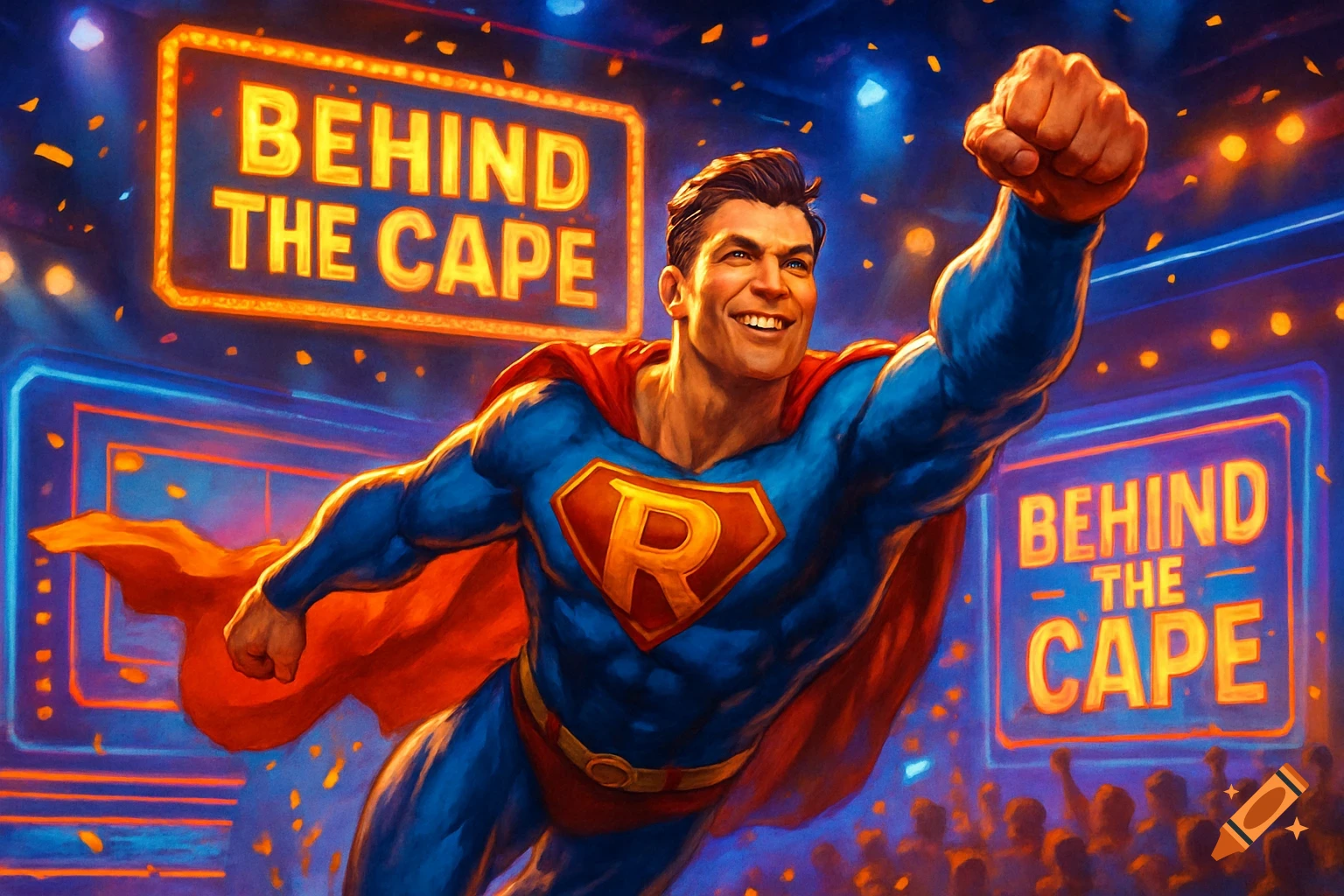 A muscular superhero with an 'R' on his chest, similar to Superman, flies smiling and fist-pumping above a cheering crowd on a stage with 'BEHIND THE CAPE' signs.